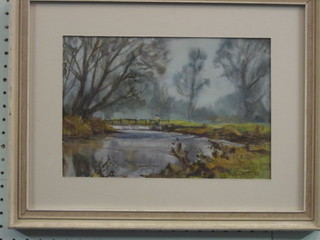 Campbell, watercolour "River Scene with Bridge and Figure" 8" x 12" signed and dated '53