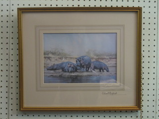 After David Shepherd, a coloured print "Hippos Watering" signed in the margin and side, 6 1/2" x 10"
