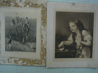 A 19th Century monochrome print after E Sanguinetti "Lord Snuffield" 17" x 13", unframed together with a monochrome print of a girl with dead bird 20" x 16" unframed (2)