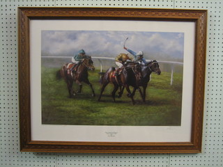 After Max Brandrett, limited edition coloured print "Ray Cochrane and Kahysi, Derby Winner 1988" 16" x 24"