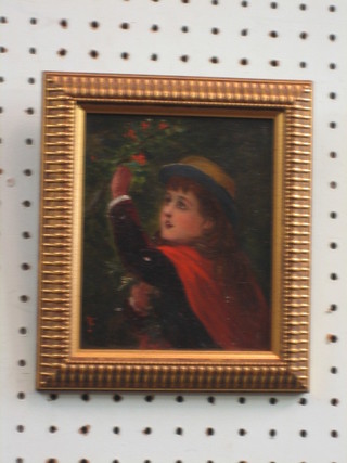 A Victorian oil painting on board, "Young Girl Picking Holly" monogrammed CT 5" x 4 1/2"