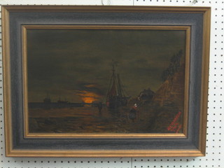 H E Ranken, oil on board "Moonlit Shore Scene with Beached Boats, Figures etc" signed and dated 2-4-04, 11" x 17"