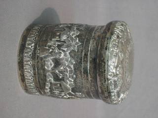 An Eastern cylindrical embossed silver jar and cover 6 ozs