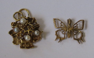 A 9ct gold pendant in the form of a butterfly set 2 diamonds, together with a 14ct gold clip set demi-pearls