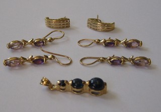 A gold pendant set blue stones together with 3 pairs of gold earrings