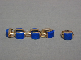 A suite of 9ct gold and lapis lazuli jewellery comprising ring and bracelet