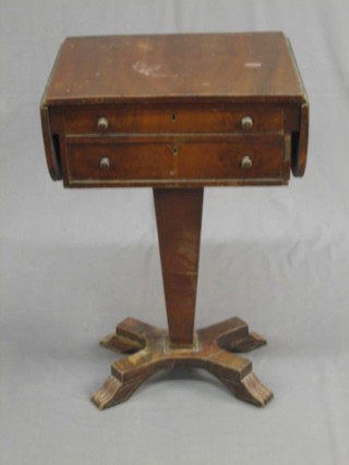 A  William  IV mahogany 2 drawer drop flap work  table,  raised on a chamfered column with triform base 18"