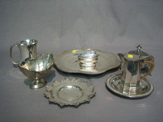 A  silver  plated  hot milk jug of octagonal  form  by  Mappin  & Webb,  a  silver  plated circular dish, various  goblets  and  other  items of silver plate etc