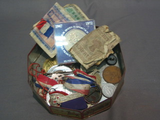 An  octagonal Royal Toffee tin to commemorate  the  Coronation of  Edward III and a collection of various badges and  Coronation  medals etc