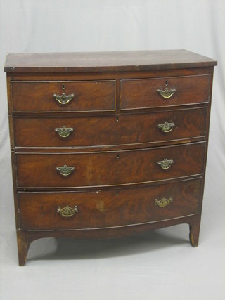 A  19th Century mahogany bow front chest of 2 short and 3  long drawers raised on bracket feet 40"