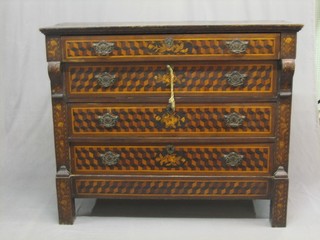 An  18th  Century  Dutch inlaid marquetry chest,  the  top  inlaid a  parquetry  panel  with oval floral inlay to the  centre  and  with surrounding   geometric   parquetry  decoration,   fitted   4   long drawers 49 1/2"
