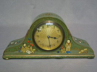A 1930's French 8 day bedroom timepiece with silvered dial  and Arabic numerals contained in a green lacquered arch shaped case with chinoiserie decoration