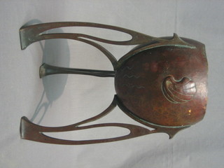 An oval Art Nouveau copper and iron planter raised on 3 pierced panel supports 12"
