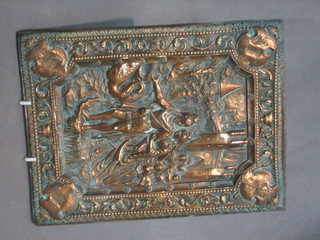 A Continental embossed copper plaque depicting classical  scenes 10" x 8"
