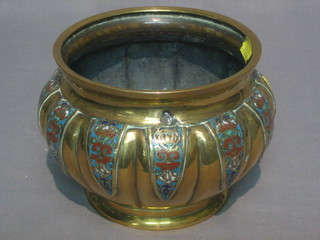 A  circular Eastern brass and cloisonne jardiniere of  melon  form 6"