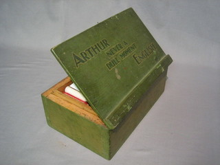 The  make up box for the actor Arthur English - a  green  painted pine  box with hinged lid, marked Arthur "Never a  Dull  Moment" English, containing various items of makeup etc and the Order of Service  for  Arthur  English's funeral Aldershot  20  April  1995