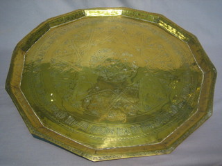 A hexagonal Benares brass tray 22"