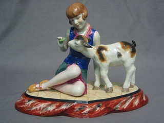 A Royal Dux Art Deco figure of a seated girl with goat, the  base pink triangular Royal Dux mark 14"