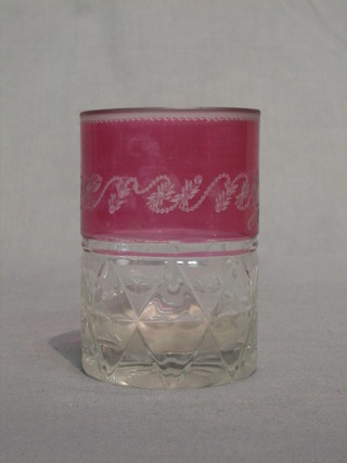 A  19th/20th Century Bohemian pink and clear glass beaker  with cut glass base (some minor chips) 4 1/2"