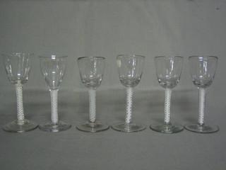 6  various 18th Century wine glasses with cotton twist  stems,  (3 with chips to the base)