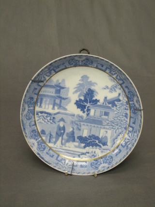 An  18th/19th  Century  Oriental blue and  white  dish  decorated temple life 8"