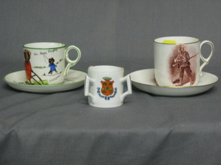 A  Macintyre  cup and saucer decorated a gentleman in  Khaki,  a cup and saucer decorated a cat and a 3 handled tyg