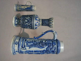 A German blue salt glazed ewer 16", a Celadon vase 12 1/2" and a small ewer 6 1/2"