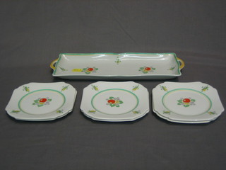 A Shelley 7 piece sandwich set with floral decoration  comprising rectangular  twin handled bread plate 12" and 6 square tea  plates 6", the reverse marked S11766M