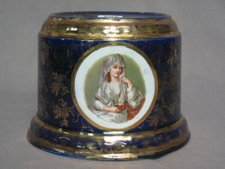 An  Edwardian  circular pottery jardiniere base, blue  glazed  and gilt banding 6"