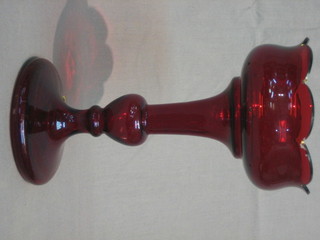 A cranberry glass lustre stand (no lustre) 9"