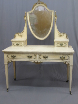 A  white  painted  Louis style dressing  table  with  shield  mirror fitted 2 glove drawers above 2 long drawers 48"