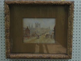 A  19th  Century  watercolour "Street  Scene  with  Cathedral  in Distance" monogrammed JW 6" x 8"