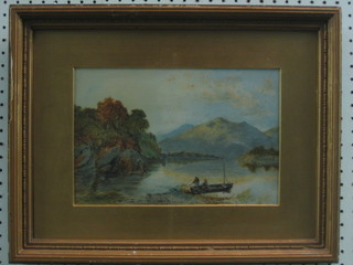 A  19th  Century watercolour drawing "Lake With  Fishing  Boat and Mountains" 8" x 11"