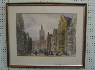 A  19th  Century watercolour drawing "Street Scene  -  Schmiede Strasse, Hanover" with Leibritz's House" 13" x 18"