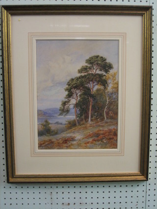 Fred.  James  Knowles, watercolour drawing "River  Scene  with Trees and Hills in Distance" 13" x 10" 