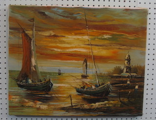 B Lock, 20th Century Continental oil painting on canvas   "Shore Scene at Dusk with Fishing Boats" 15" x 19"