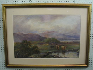 Watercolour  drawing  "Highland  Scene  with  Cattle  Watering"  14" x 21"