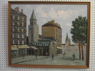 K  Gastarini,  Continental  oil  on  board,  "Impressionist   Street Scene with Figures" 19" x 24"