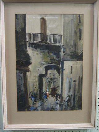 Diaz,  impressionist  watercolour drawing  "Puerto  Rican  Street Scene with Buildings and Arch" 19" x 13"