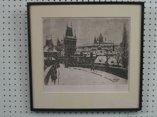 J H Lubos, an etching "Continental City" 9" x 11"