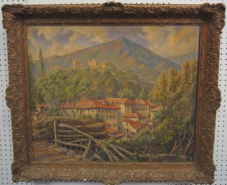 Sydney  L  Moss, oil on board  "Continental  Mountain  Village" marked  to  the reverse Civiglia Sydney Moss, 19" x  24"  (some  light damage to the front)