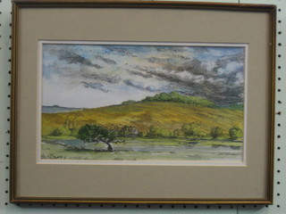 Impressionist  watercolour  "Downland  Landscape",  indistinctly signed 7" x 12"