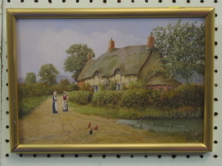 R  Simm, oil on copper panel "Rural Scene with Lane,  Thatched Cottage and Figure" 7" x 10"