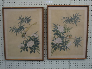 A  pair of Oriental prints on silk "Birds Amidst Branches" 13"  x 10"