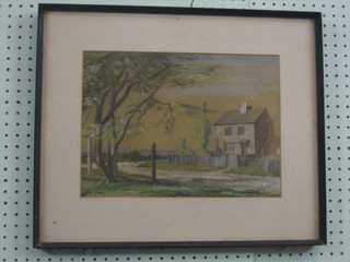 A 1930's Watercolour and gouache study "House in Lane, Fields in the Distance" 10" x 14"