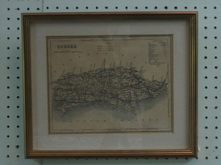 J Archer, 19th Century coloured map of Sussex 7" x 9"