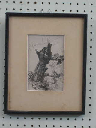An  etching  after  Rembrandt  "Figure by  a  Stylised  Tree  with Lion" 6" x 4"