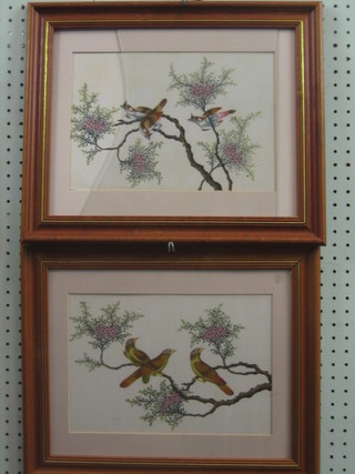 A  pair of Eastern watercolours on silk, birds amidst branches  8" x 11"