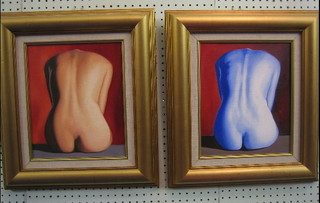 Fitg, a pair of modern art oil paintings on canvas "Naked Female Backs" 11" x 9 1/2"