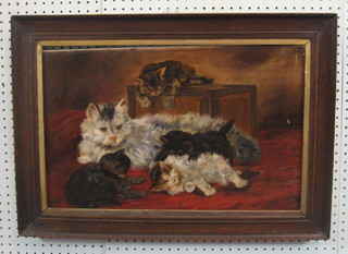 19th  Century  oil on canvas "Reclining Cat and  Kittens"  13"  x 21"